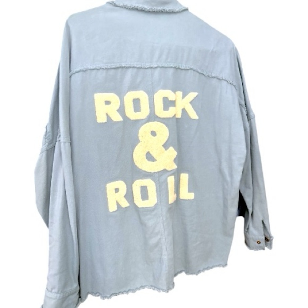 DAVI & DANI Embroidered Cotton Shacket with Rock & Roll Design S